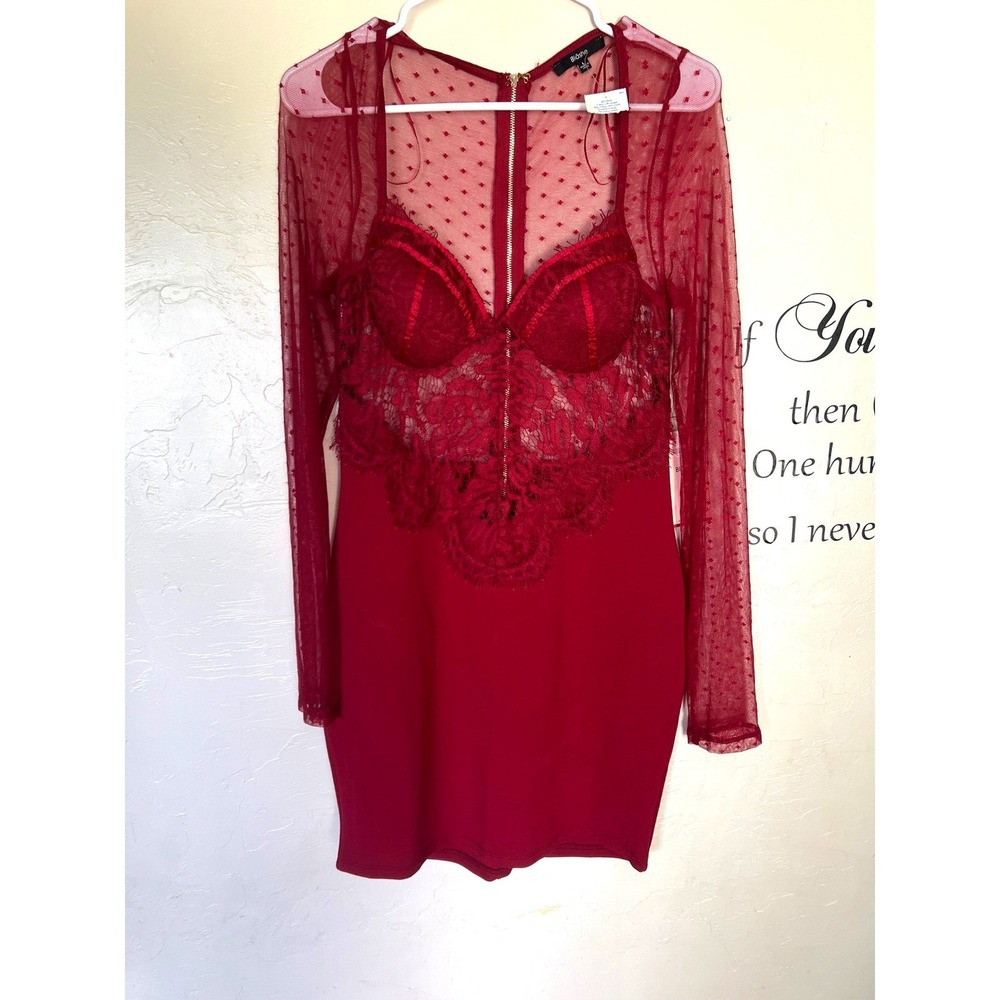 Blashe Burgundy Red Lace Mesh Mini Dress Coquette Goth Romantic Lace Femme Date